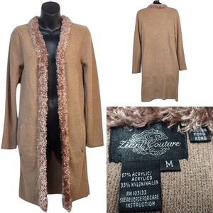 Ziani Couture Womens Brown Knit Faux Fur Trim Sweater Cardigan Open Front Size M